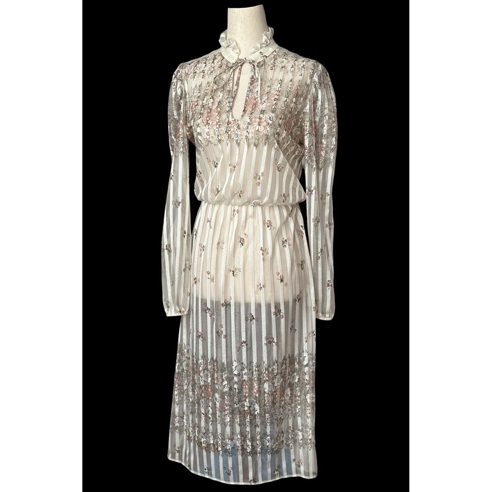 Vtg 70's Sheer Chiffon Floral Striped Dress Women's Small Ethereal Boho Hippie